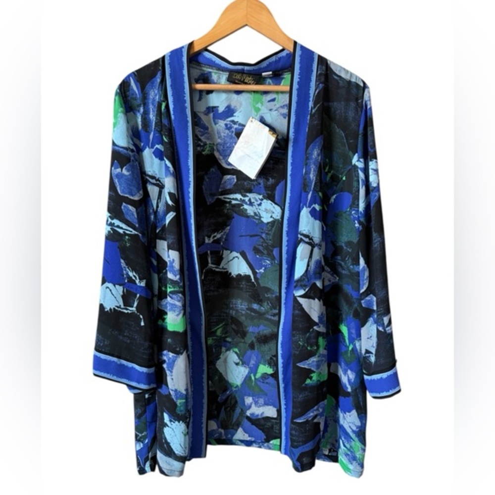 Bob Mackie Wearable Art Open Front Kimono Jacket Blue Green‎ Abstract NWT L